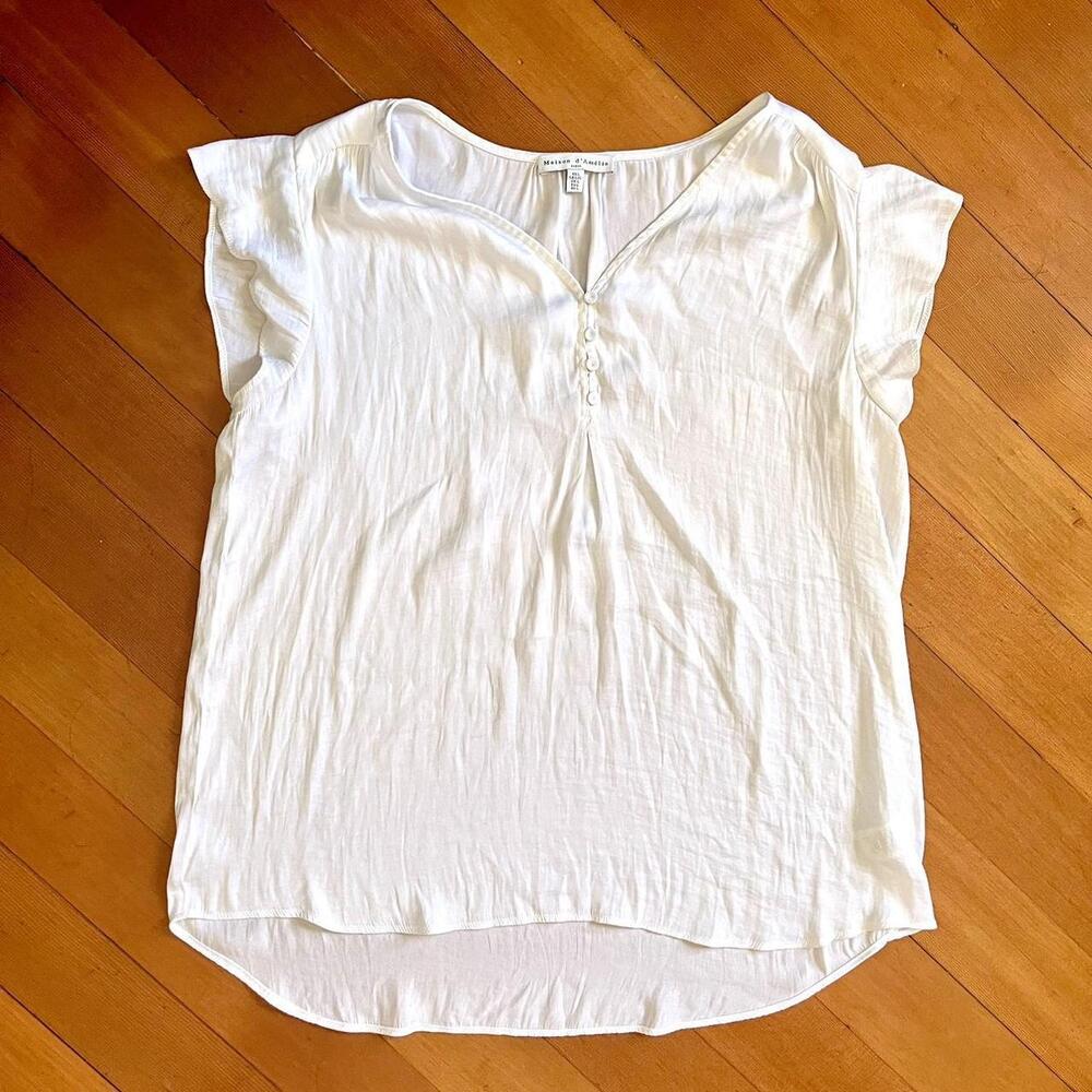 Maison d'Amélie White Button Airy High Low Hem Blouse, Size Large